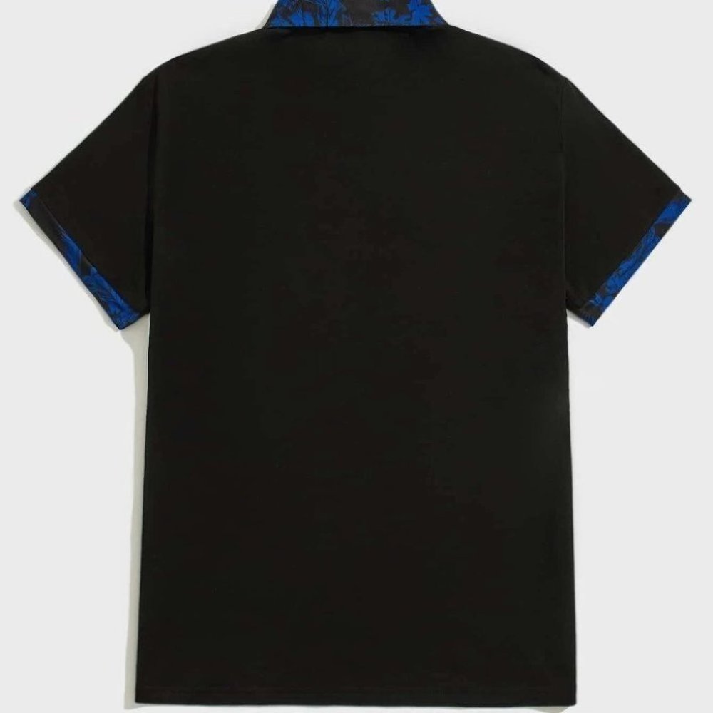 Black Casual Men's Tropical Print Polo Shirt - Picture 2 of 4